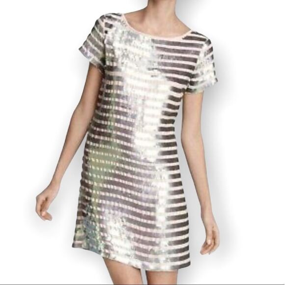 French Connection Fast Eden Metallic Sequin Stripe 60 Cupid Mini Dress - Picture 1 of 14